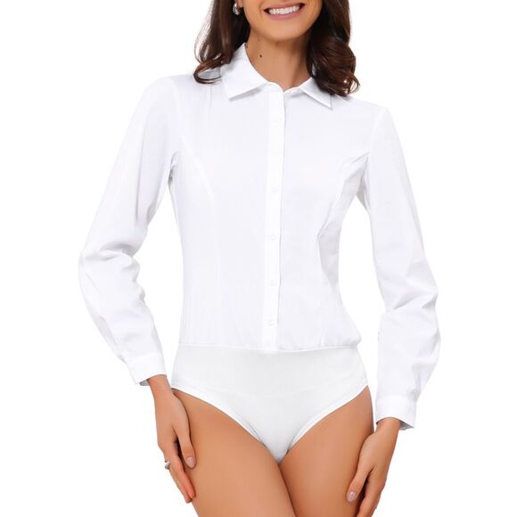 Button Down Long Sleeve Leotard Shirts Business Collared Bodysuits White - Picture 1 of 6